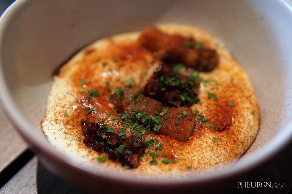 Olivia Restaurant & Lounge, Octopus, Crispy Pork Belly, Potato Foam.